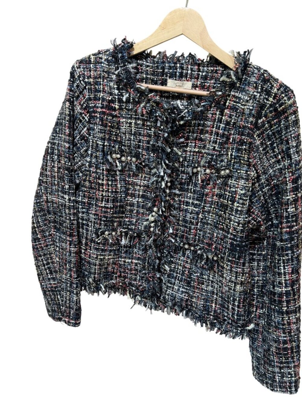 Tweed Raw Edge Multicolor Jacket With Subtle Sparkle & Pearl Accents - Easel Los
